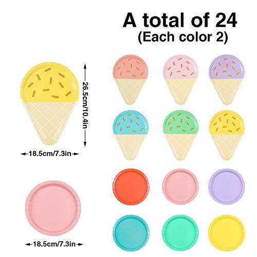 Dreamtop 24 pcs Disposable Paper Plates Ice Cream Party Plates Serves Cute Sundae Party Supplies for Appetizer, Lunch, Dinner, and Dessert, Kids Birthdays