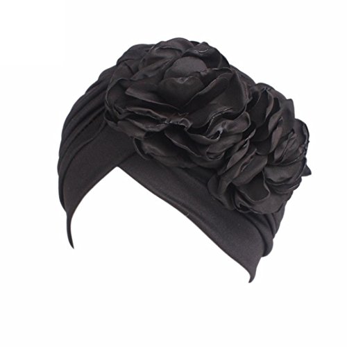 QingFan Women Muslim Solid Flowers Cancer Chemo Hat Turban Headbands Hair Loss Wrap Cap (Black)