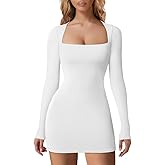 HYZ Women's Fall Casual Long Sleeve Square Neck Going Out Party Mini Tshirt Dress