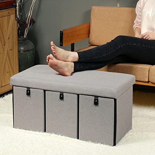 PINPLUS Storage Ottoman with Drawers, Folding Storage Ottoman Bench