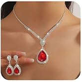 Missgrace Women Silver Black Green Red Rhinestone Crystal Bridal Jewelry Sets Teardrop Necklace Dangle Earrings Set for Wedding Brides Bridesmaid