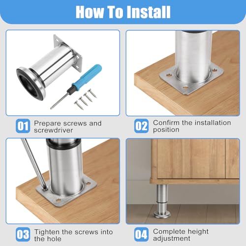 Set of 4 Adjustable Stainless Steel Furniture Legs, Table Legs, Bed Legs, Bathroom Furniture Feet for TV Cabinet, Sofa, Chair, Bathroom (8-12 cm)