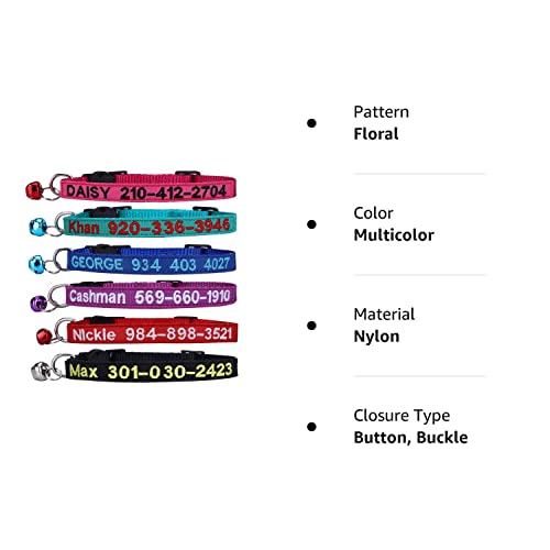 Cat Collar,Personalized Embroidered Nylon Cat ID Collars with Bell Custom Text with Pet Name