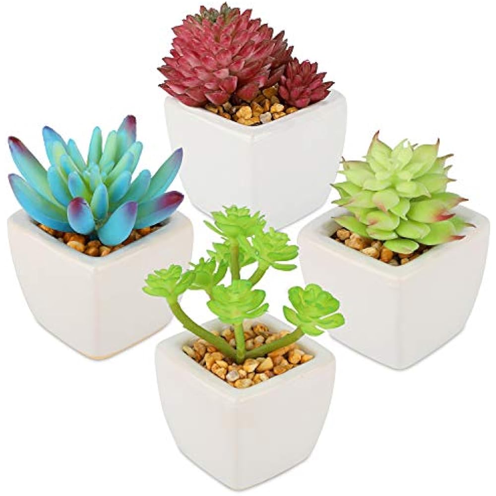 Artificial Plants,Desk Plants,Pack 4 White Ceramic Potted Succulent