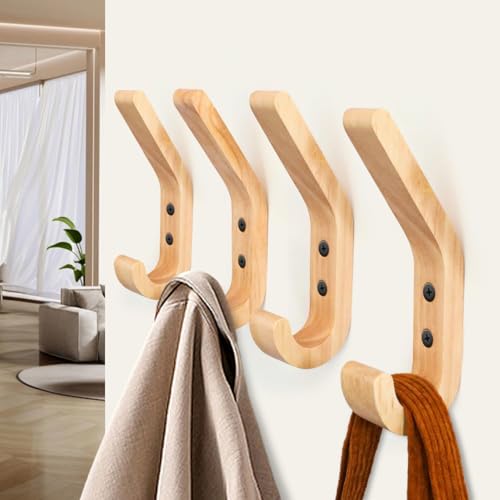 Wall Mounted Solid Wood Coat Rack (4 Pieces) - Hand Polished Oak Design Hooks - 10kg - For Kitchen, Bedroom & Bathroom