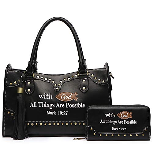 Western Style Embroidered Bible Verse Mark 10:27 Handbag Country Purse Women Tote Shoulder Bag Wallet Set (Black)