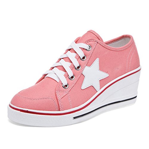 mewow Womens Casual Plus Size Low Top Wedge Heel Star Canvas Shoes Fashion Sneaker (10, Pink Large Star) - Thumbnail 2