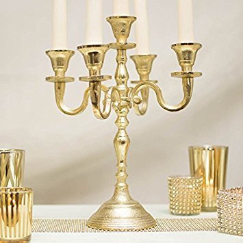 Gold Candelabra Taper Candle Holder, Centerpiece Table Decor, 15 Inches Tall, Distressed Brass Metal Candelabra