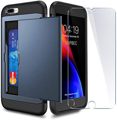 iPhone 7P/ 8P Plus Case with Card Holder and[ Screen Protector Tempered Glass x2Pack] SUPBEC i Phone 7 plus / 8 plus Wallet Case Cover with Shockproof Silicone TPU + Anti-Scratch Hard PC (Navy Blue)