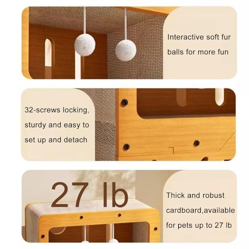 Orchid M® 3 Floor Cat Scratcher Cardboard House,Indoor Cardboard Lounge Bed- Large Cat Scratcher Bed with 4 Hanging Toys,Easy Assemble Durable Board Entertain Prevent Furniture Damage