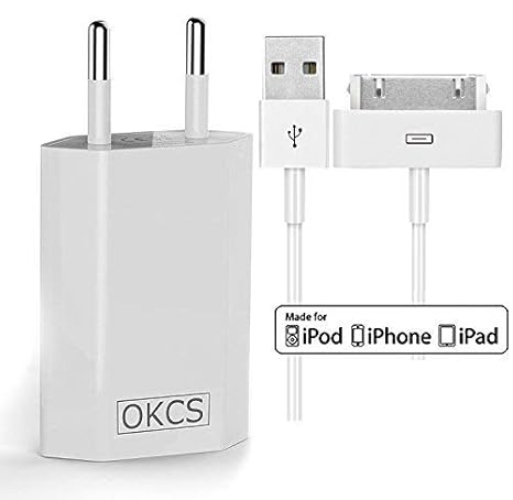 OKCS Ladeset - USB Ladekabel 2 Meter + 1A Netzteil kompatibel für iPhone 4, 4s, iPad 2, 3 & iPod - in der Farbe Weiß