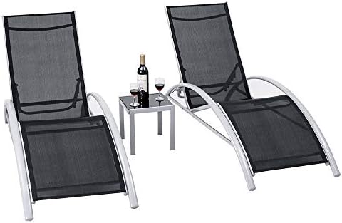 DUSTNIE Outdoor Patio Chaise Lounge Chair - 3 Pieces Outside Furniture Garden Recliner Sunbathing Tanning Reading Bed Pool Yard Deck Sun 2 Lounger Chairs & Coffee Table- 4 Reclining Positions