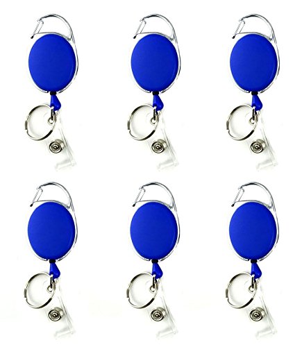 Gocomcom Honbay 6 Pieces of Premium Retractable Carabiner Badge Holder Reels with Key Ring and Badge Strap, Clip On Retractable ID Card Keychain - with Back Splint (Blue)