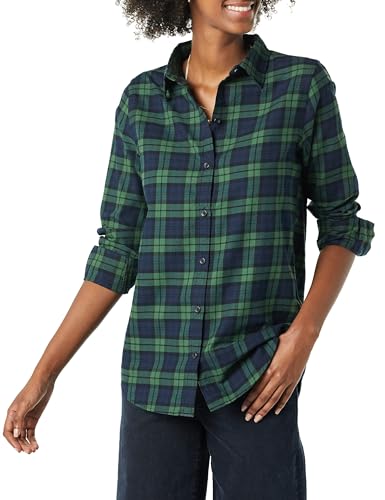 Amazon Essentials Damen Flanellhemd, Klassische Passform, langaermelig, leicht, kariert, Dunkelgruen, Marineblau, Medium Plaid, Large