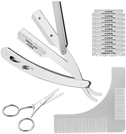 Straight Razor, CUGLB Beard Shaving Tools Including Stainless Steel Straight Edge Barber Razor(with10 pcs Blades) & Shaping Template Comb & Scissors