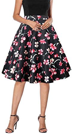 Yanmei Women's 50s Vintage Floral Skirt High Waisted A Line Casual Midi Skirts
