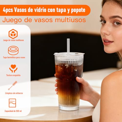 4 Piezas Vasos de Cristal de 550ml, Vaso de Vidrio con tapa y popote, para café/batidos/cócteles y jugos/vasos/Whisky/Capuchino