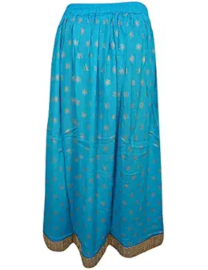 Womans Maxi Skirt Blue Border Bohochic Fit and Flare Long Skirts M/L