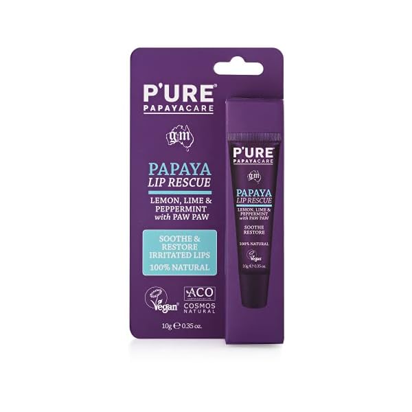 PURE-PAPAYA-CARE-Natural-Vegan-LIP-BALM-for-Dry-Chapped-Lips-with-Essential-Oils-Lemon-Lime-Peppermint-Papaya-Lip-Rescue-10g P'URE PAPAYA CARE Vegan Lip Balm 10g - Papaya Lip Rescue - Natural Paw Paw Lip Balm - Calendula, Chamomile, Lemon, Lime…