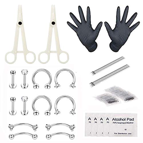 Piercing Kit - Combofix 36Pcs Professional Nose Piercing Kit Surgical Steel 20G 18G Piercing Needles Piercing Clamps Gloves for Nose Rings Studs Body Piercing Jewelry Set