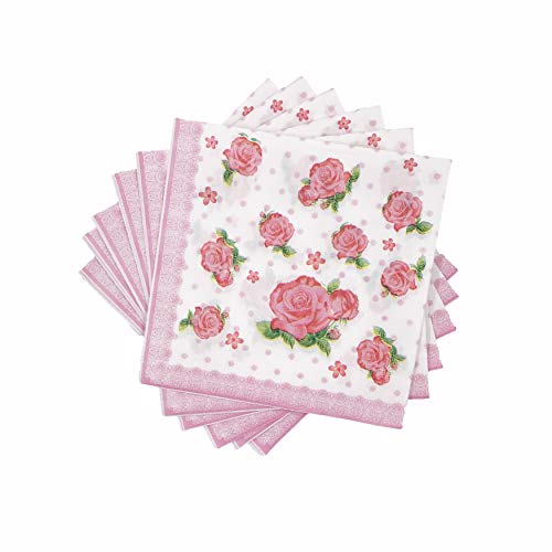 WallyE Mint Floral Pink Printed Napkins Red Rose Chintz Decoupage Paper for Bridal Shower Tea Party Birthday or Wedding,20 Pack