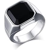 QUSIIOSLK Solid 316L Stainless Steel Black Onyx Rings Turkish Handmade Square Natural Agate Signet Rings for Men High Polish Simple Statement Ring Jewelry Gift for Him 7