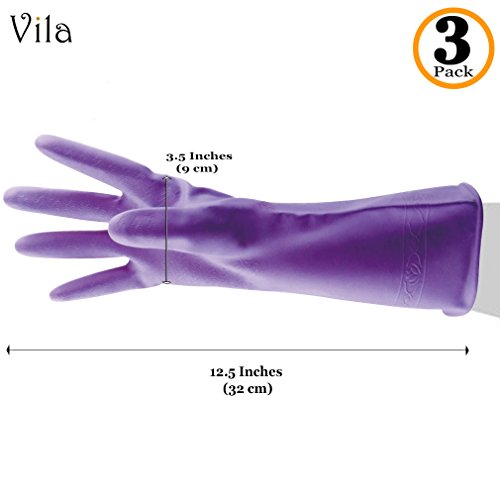 image for Vila Rubber Cleaning Gloves --- (Pack of 3) Durable, Leak-Proof, Punct
