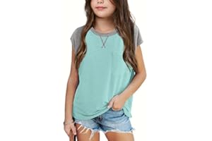 Haloumoning Girls Summer T Shirts Casual Cap Sleeve Crewneck Raglan Tops with Pocket