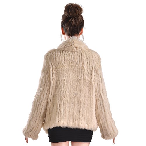 Vemolla Women's Genuine Knit Rabbit Fur Coat Jacket Outwear with Pocket - Thumbnail 3