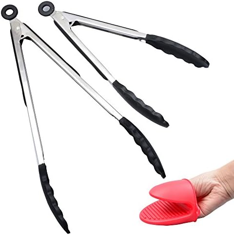 Kitchen Tongs Barbecue Tongs, Stainless Steel with Silicone Head, Set of 2 - 9 Inch & 12 Inch, Non - Stick Heat Resistant Cooking Tools for BBQ, Salad Mixing, Grilling, Frying and Baking (BLACK)