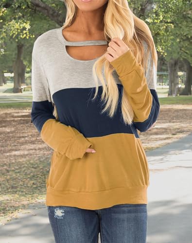 MINCLOUSE WOMEN’S COLOR BLOCK LONG SLEEVES TUNIC CUTOUT CHOKER TOPS CREW NECK CASUAL LOOSE BLOUSES CUTE SWEATSHIRTS