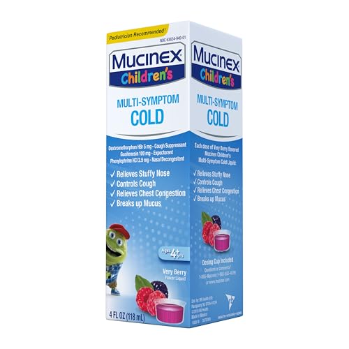 MUCINEX CHILDREN’S MULTI-SYMPTOM COLD MEDICINE, KIDS COUGH MEDICINE, MUCINEX KIDS MEDICINE/DECONGESTANT WITH DEXTROMETHORPHAN HBR, GUAIFENESIN, PHENYLEPHRINE HCL, VERY BERRY FLAVOR LIQUID, 4 FL OZ