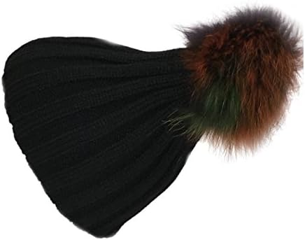Childrens Unisex Outdoor Warm Stylish Winter Beanie Hat With Detacahable Pom Pom and Ribbed Design - Made With Real Fur - Black Rainbow Pom Pom