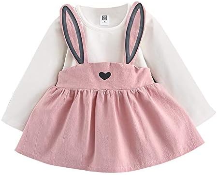 BaZhaHei Girls Long Sleeve Cute Rabbit Ears Clothes Bandage Suit Mini Dress Toddler Kids Baby Cartoon Bunny Strap Fake Two Piece Princess Dress