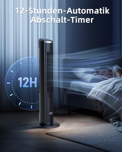 Leiser Turmventilator für Schlafzimmer, Standventilator mit Fernbedienung, 90° oszillierend, 4 Geschwindigkeiten 3 Modi 12H Timer LED-Anzeige, 91 cm Elektrischer Kühlventilator, Schwarz