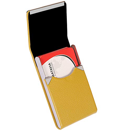 JuneLsy Business Card Holder - Professional PU Leather Business Card Case Metal Name Card Holder Pocket Business Card Carrier for Men & Women with Magnetic Shut (Yellow)