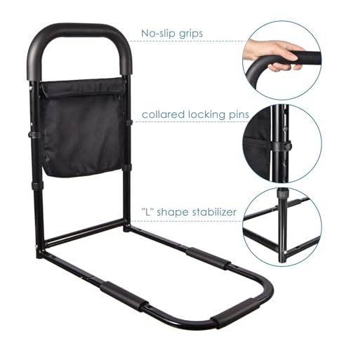 Bed Rails for Elderly Adults Assist Safety with Motion Light for Seniors Hand Bar Grab with Storage Pocket Patent Stabilizer with Fixing Strap, Support Up to 300lbs