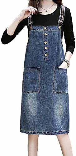 Elwow Women's Casual Washed Stretch Denim Pinafore Dungaree Dress with Button up Decorate
