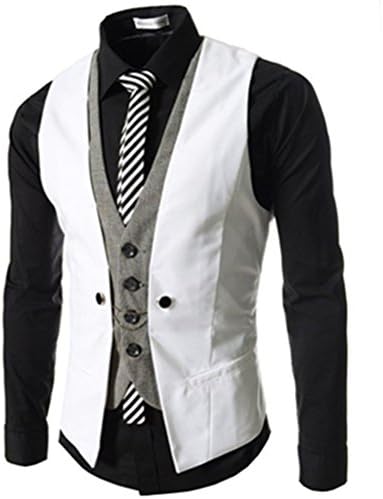 QINGYUAN Mens Business Slim Fit Chain Point 4 Button Vest Waistcoat White M