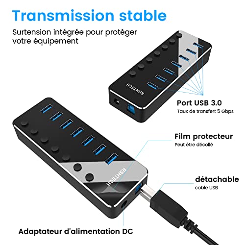USB Powered Hub, RSHTECH Aluminium USB Hub 3.0 with 7 Ports USB 3.0 Multi-Socket with 5V/2A External Power Supply, Multi Port Hub, 5Gbps, Individual Switches and LED Indicator-Black (RSH-518)