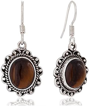 Tiger Eye Oval Silver Plated Dangle Earrings