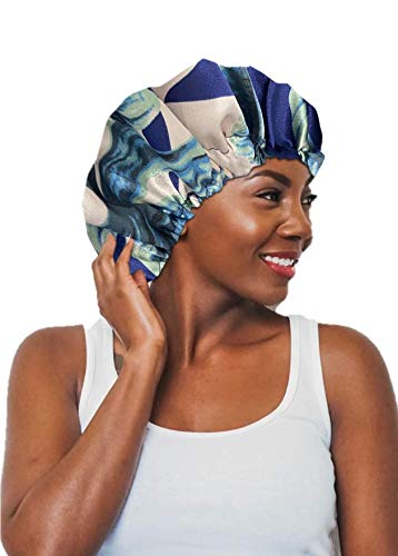Satin Bonnet-Premium, Extra Large Satin Sleep Bonnet Cap, Double Layered, Reversible, Multi Color (Navy Tropical Floral/Navy), Adjustable Satin Cap by Glow By Daye