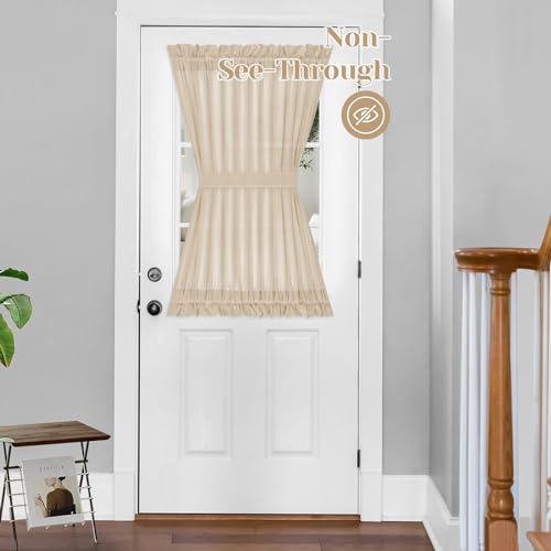 HOMEIDEAS Non-See-Through French Door Curtains Set of 2 for Front Door, Light Filtering Privacy Semi Sheer Window Curtains with Rod Pocket and Tie Back, Beige/Taupe, 54W X 40L Inch