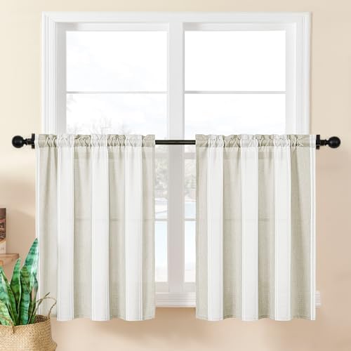Photo 1 of Home Queen Kitchen Curtains 24 Inch Length Short Boho Striped Linen Cafe Drapes for Living Room Bedroom Bathroom Farmhouse Light Filtering Tier Set of 2, Natural and Khaki