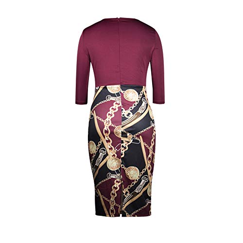 Dresses for Women Work Casual - Cute Bowknot 3/4 Sleeve Floral Bodycon Dress Wine Red Medium