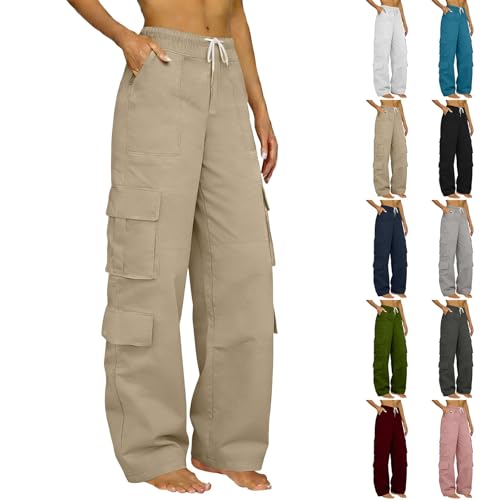 Womens Cargo Trousers UK High Waist Combat Pants with Multiple Pockets Solid Color Drawstring Tracksuit Bottoms Baggy Lightweight Wide Leg Trousers Ladies Casual Jogging Pants Hiking Walking Khaki