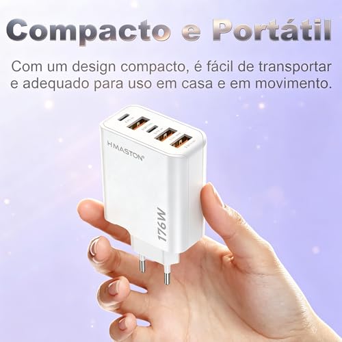 Carregador USB-C Turbo 176W Fonte Tipo C Carregador Celulares de Pared 5 Portas 3USB+2USB-C Universal Compatível com iPhone HUAWEI Samsung Xiaomi Redmi Motorola