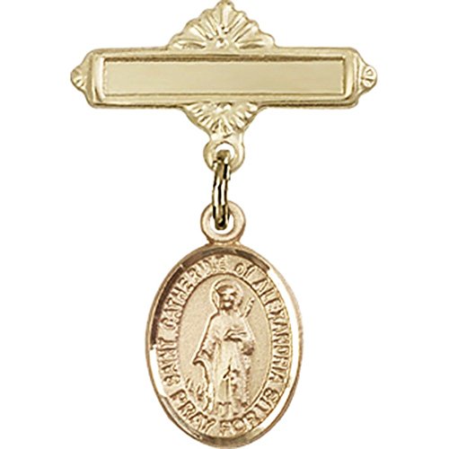 Gold Filled Baby Badge with St. Catherine of Alexandria Charm and Polished Badge Pin 1 X 5/8 inches