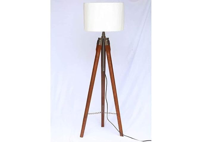Collectibles Gallery Wooden Tripod Floor Lamp Stand with Shade and Bulb, Off-White