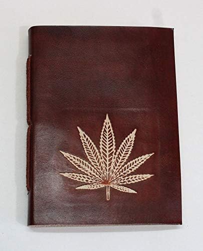 Genuine Buffalo Leather Journal hemp leaf embossed 5 Inch W, 7 inch L, Acid Free, Tree-free Recycled Cotton Paper, Cover: Brown